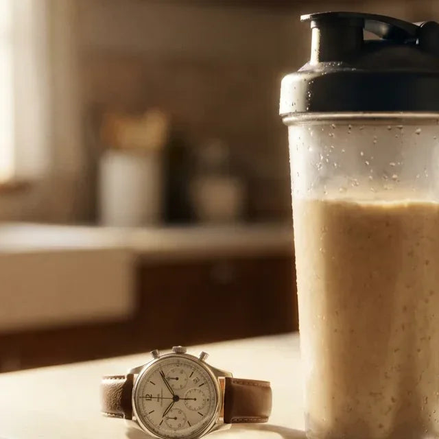 Proteinshake in einem Shaker neben einer Armbanduhr und einem kleinen Wecker auf einer Küchentheke, Sinnbild für das richtige Timing der Proteinzufuhr