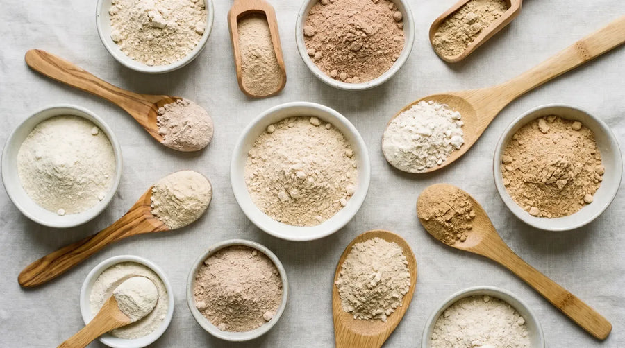 Sieben Schälchen mit verschiedenen Proteinpulver-Arten von Whey über Casein bis Soja und Erbse auf hellem Studiohintergrund