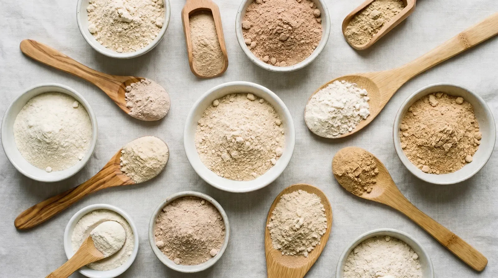 Sieben Schälchen mit verschiedenen Proteinpulver-Arten von Whey über Casein bis Soja und Erbse auf hellem Studiohintergrund