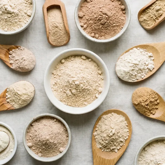 Sieben Schälchen mit verschiedenen Proteinpulver-Arten von Whey über Casein bis Soja und Erbse auf hellem Studiohintergrund