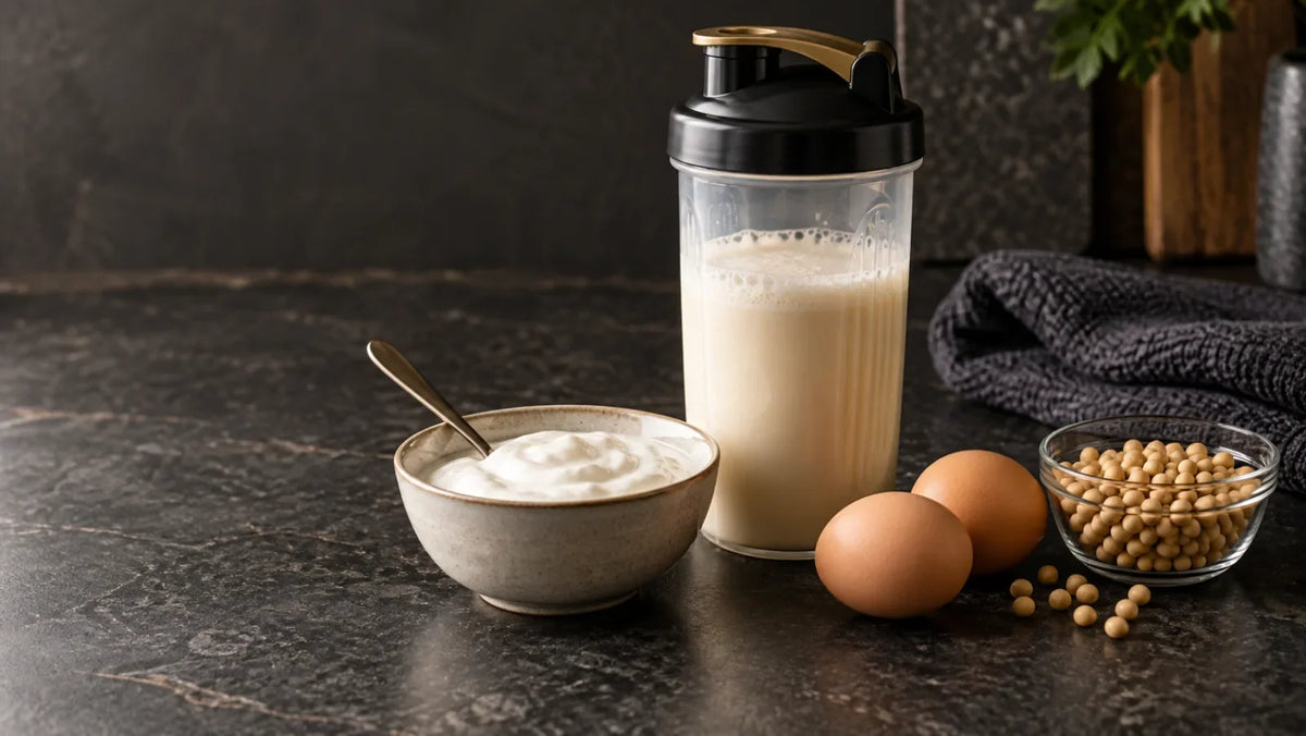 Shaker, Joghurt, Eier und Sojabohnen auf einer dunklen Küchenarbeitsfläche. KI-generiertes Symbolbild.