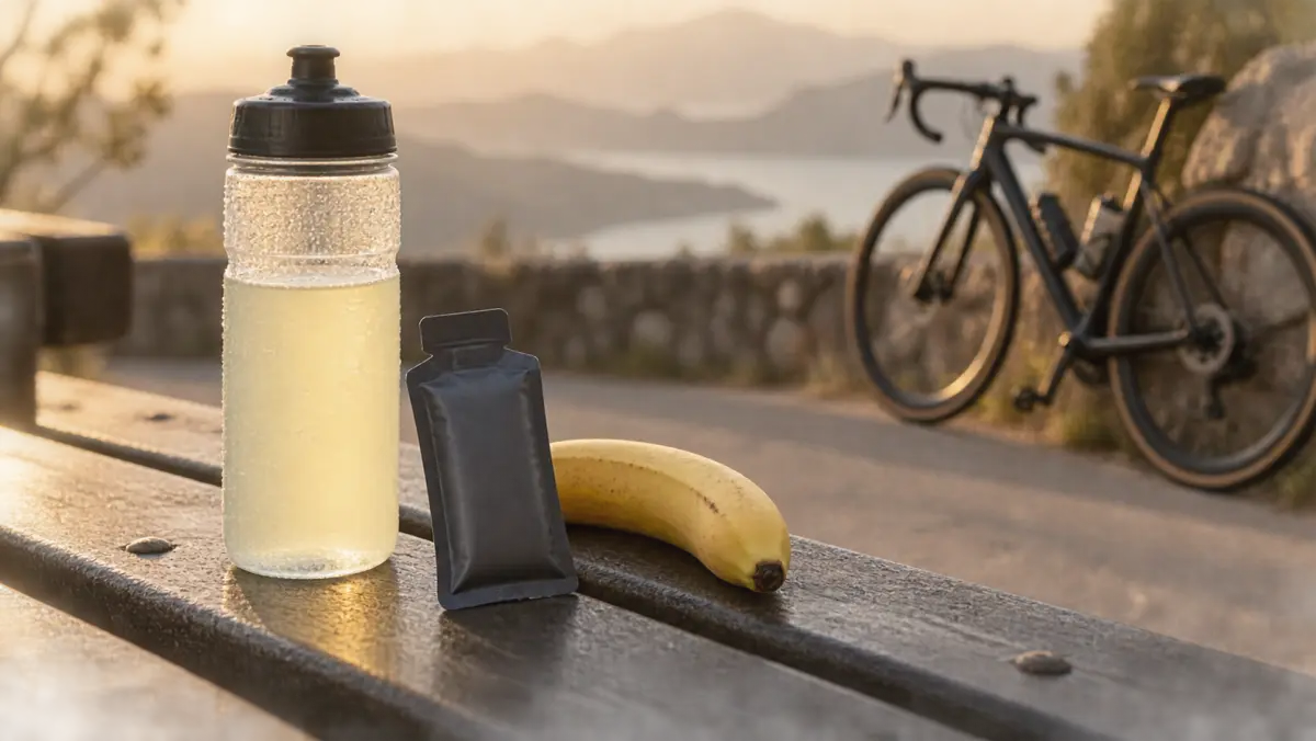 Sportflasche, neutraler Gelbeutel und Banane auf einer Bank, dahinter ein Fahrrad. KI-generiertes Symbolbild.