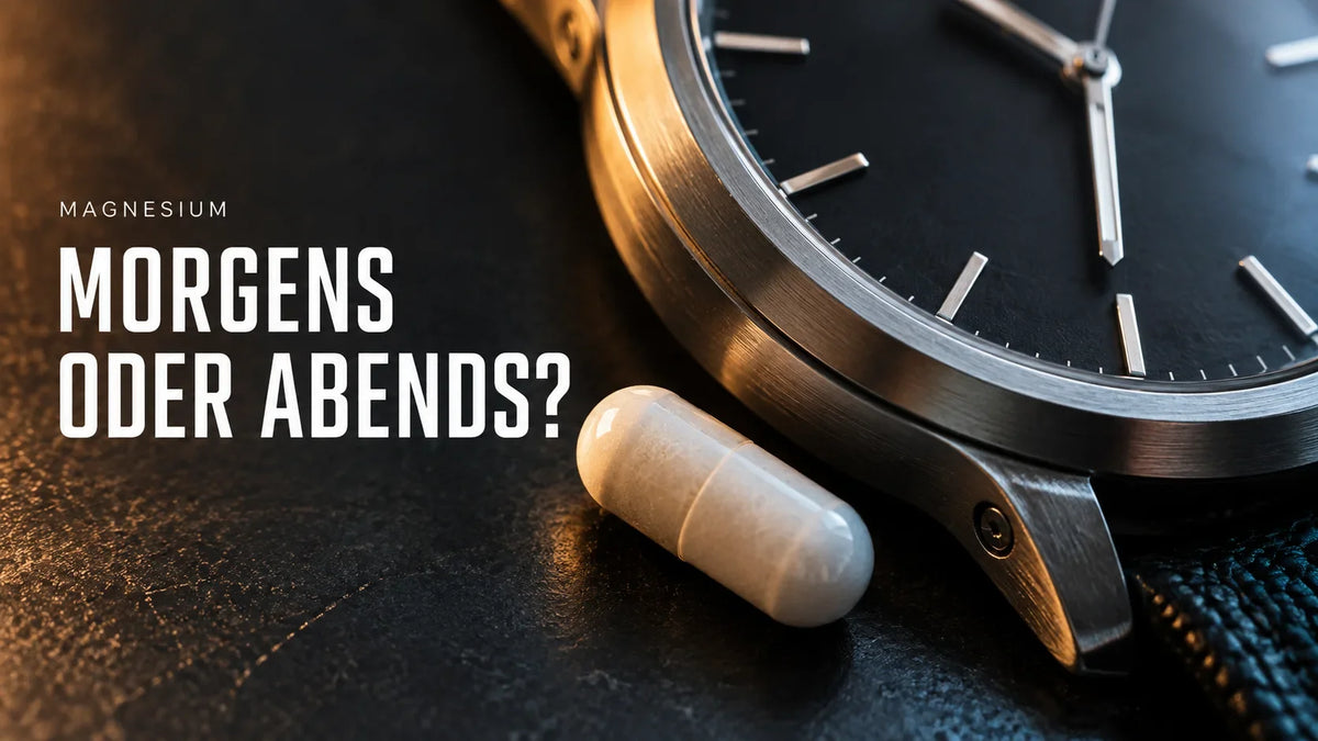 KI-generiertes Titelbild: Eine Kapsel neben einer Armbanduhr zur Frage, ob Magnesium morgens oder abends eingenommen wird.