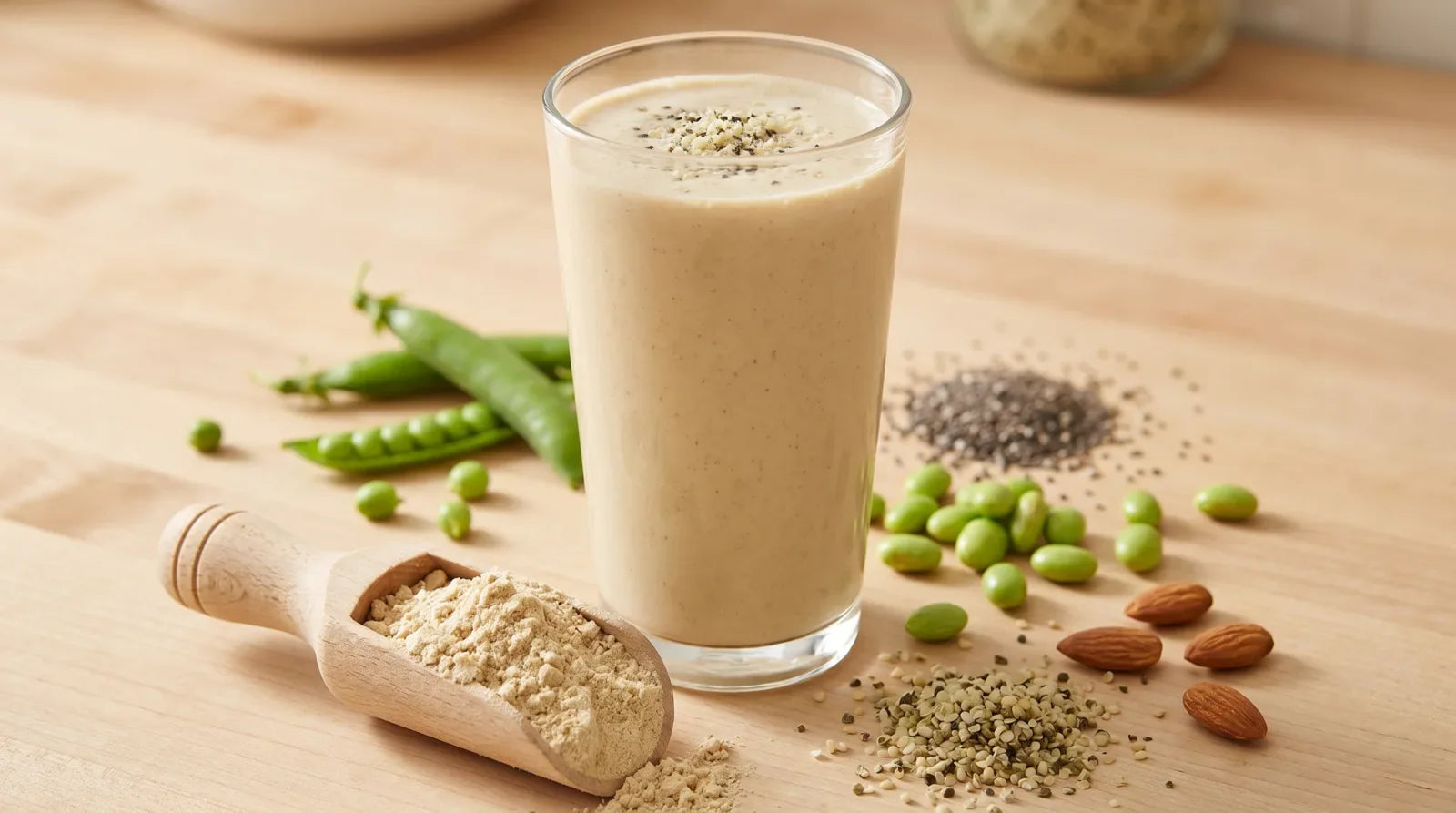 Cremiger, hellbeiger pflanzlicher Proteinshake im Glas, umgeben von grünen Erbsenschoten, Edamame, Mandeln und Samen, davor ein Holzlöffel mit beigem Pflanzenprotein-Pulver