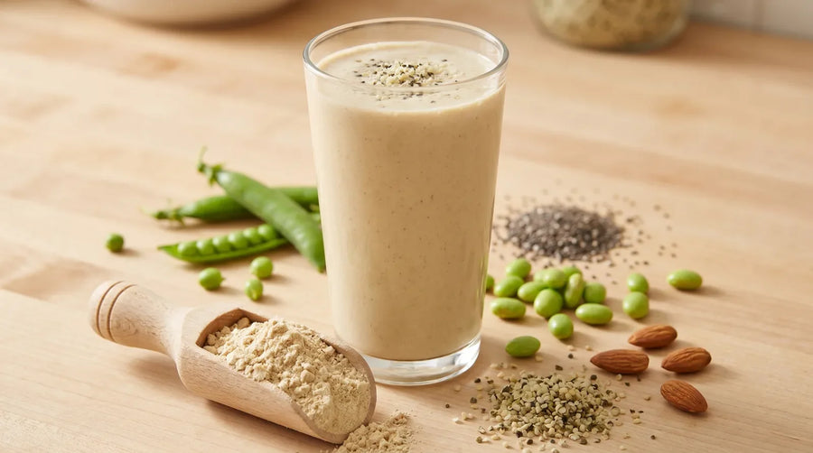Cremiger, hellbeiger pflanzlicher Proteinshake im Glas, umgeben von grünen Erbsenschoten, Edamame, Mandeln und Samen, davor ein Holzlöffel mit beigem Pflanzenprotein-Pulver