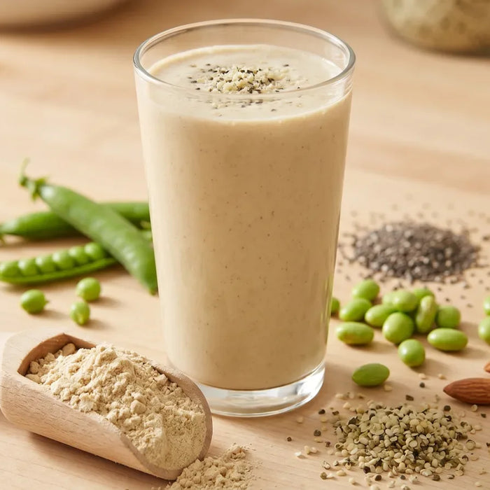 Cremiger, hellbeiger pflanzlicher Proteinshake im Glas, umgeben von grünen Erbsenschoten, Edamame, Mandeln und Samen, davor ein Holzlöffel mit beigem Pflanzenprotein-Pulver