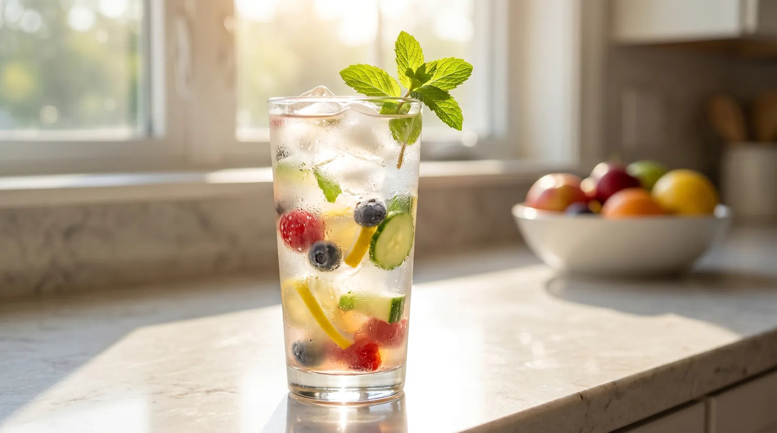 Hohes Glas mit klarem, fruchtigem Whey Isolat Drink, Eiswürfeln, Beeren und Minze auf heller Küchentheke