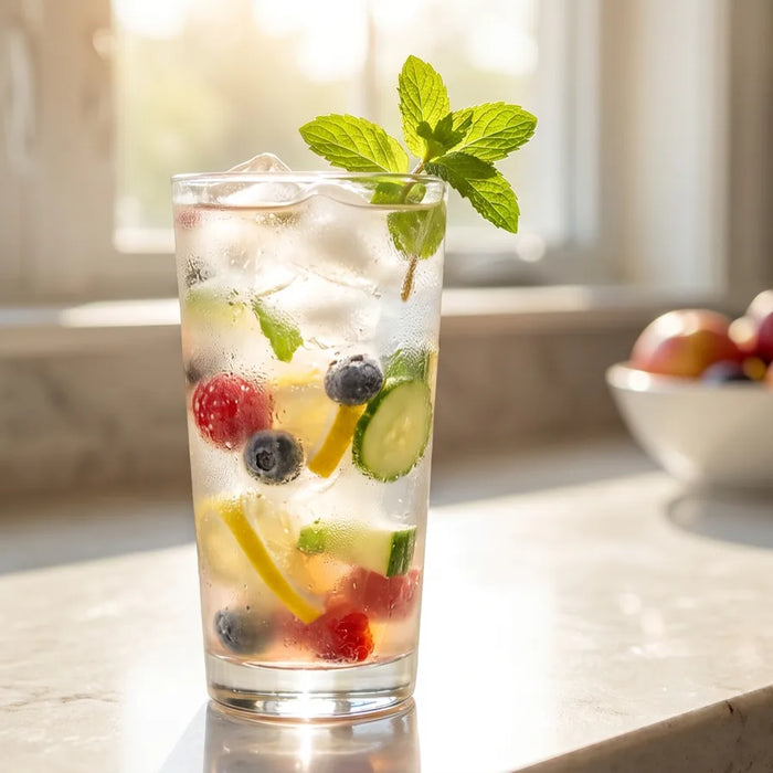 Hohes Glas mit klarem, fruchtigem Whey Isolat Drink, Eiswürfeln, Beeren und Minze auf heller Küchentheke