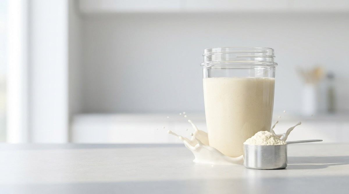 Cremiger Whey-Isolat-Shake neben einem Messlöffel mit feinem Proteinpulver auf hellem Studiohintergrund