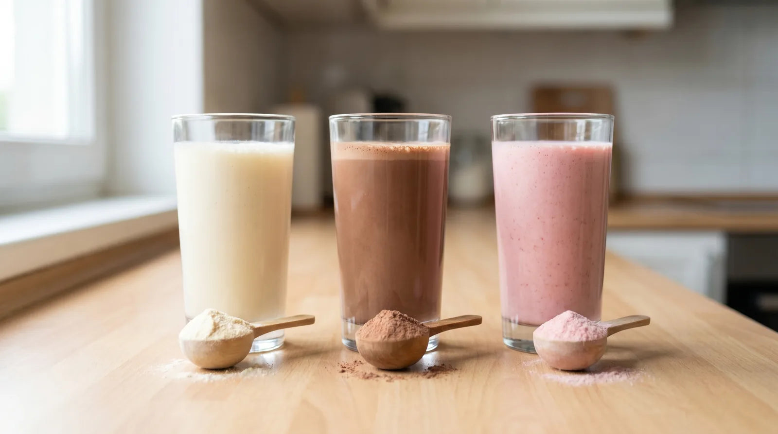 Drei cremige Whey Protein Isolat Shakes nebeneinander mit Messlöffeln voll Proteinpulver, Sinnbild für einen Whey Isolat Vergleich