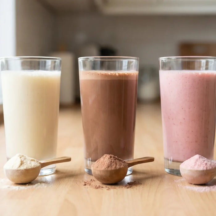 Drei cremige Whey Protein Isolat Shakes nebeneinander mit Messlöffeln voll Proteinpulver, Sinnbild für einen Whey Isolat Vergleich