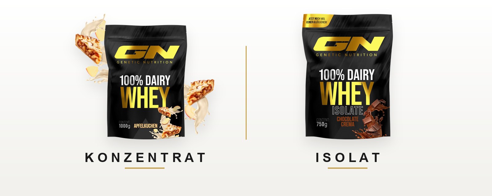 Zwei cremige Proteinshakes nebeneinander: links Whey Konzentrat, rechts reineres Whey Isolat