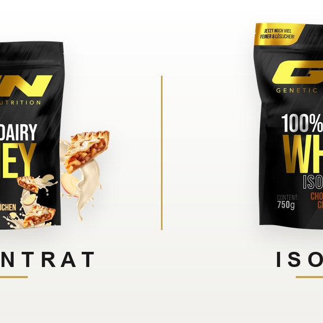Zwei cremige Proteinshakes nebeneinander: links Whey Konzentrat, rechts reineres Whey Isolat