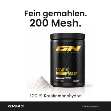 KI-Produktillustration der geschlossenen NanoPure® Dose neben weißem Pulver; fein gemahlenes Kreatinmonohydrat mit 200 Mesh.