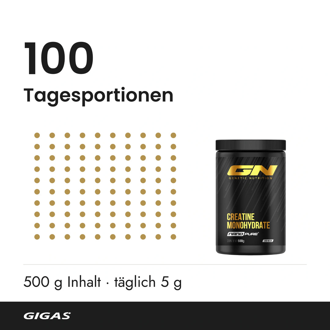 100 Tagesportionen aus 500 g NanoPure® Pulver bei täglich 5 g; ein Raster zeigt 100 einzelne Portionen.