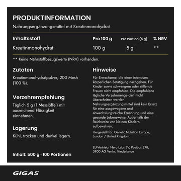 Lesbare Produktinformation: 100 Prozent Kreatinmonohydrat, 200 Mesh, Nährwerte pro 100 g und 5 g, NRV-Hinweis, Zutaten, Verzehr, Lagerung und Warnhinweise.