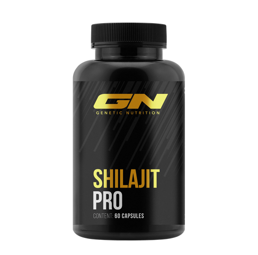 Schwarze Dose Shilajit Pro von GN Laboratories mit gelbem Label auf weißem Hintergrund
