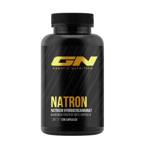 Schwarze Kunststoffdose mit gelbem GN Logo enthält 120 Natron Kapseln à 1000mg Natriumhydrogencarbonat magensaftresistent