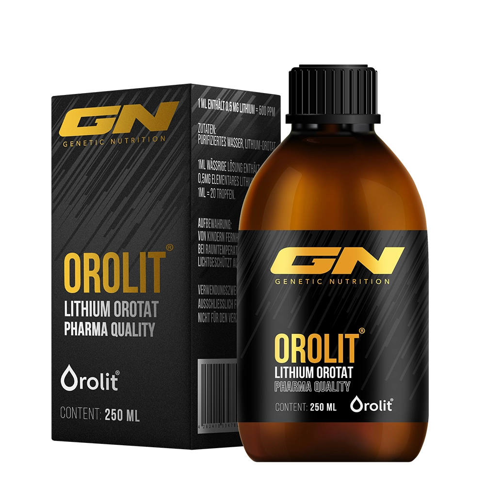Braune Glasflasche mit schwarzer Verpackungsbox Orolit Lithium Orotat 250ml Tropfen GN Genetic Nutrition gold-schwarzes Design