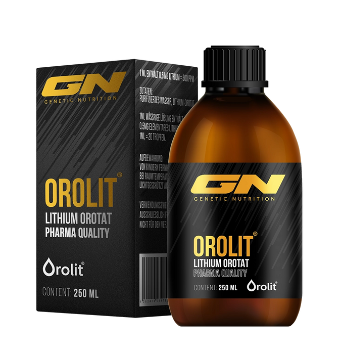 Braune Glasflasche mit schwarzer Verpackungsbox Orolit Lithium Orotat 250ml Tropfen GN Genetic Nutrition gold-schwarzes Design