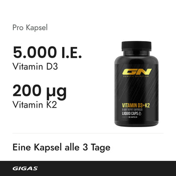 Pro Kapsel 5.000 I.E. Vitamin D3 und 200 µg Vitamin K2. Einnahme: eine Kapsel alle drei Tage.