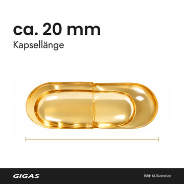 Goldfarbene Liquid-Kapsel in Seitenansicht mit Maßlinie und der Angabe ca. 20 mm Kapsellänge. KI-Illustration nach eigenen Produktfotos.