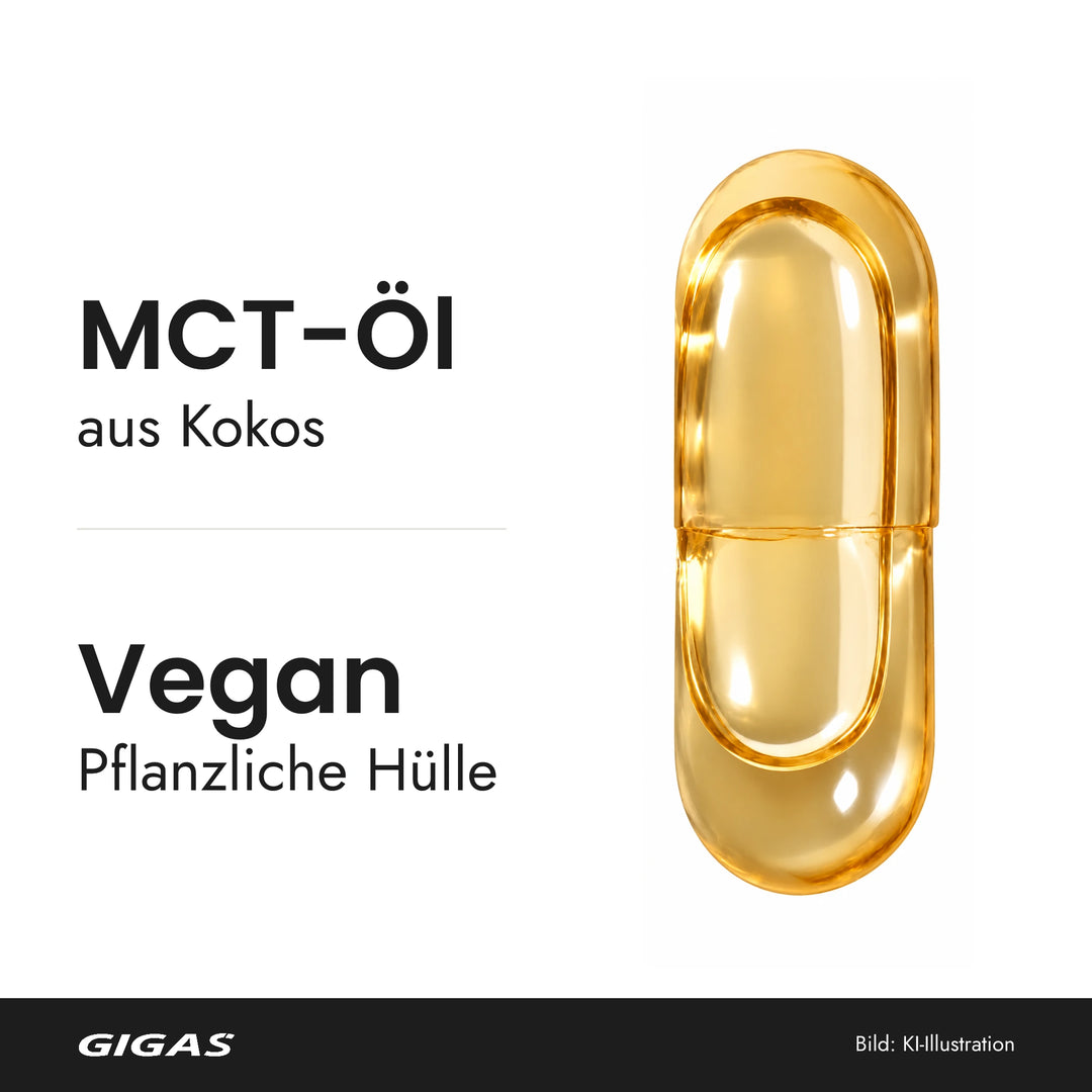 Aufrecht dargestellte Liquid-Kapsel mit den Angaben MCT-Öl aus Kokos, vegan und pflanzliche Hülle. KI-Illustration nach eigenen Produktfotos.